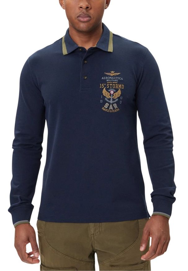 Aeronautica Militare - AERONAUTICA MILITARE Granatowy bawełniany męski longsleeve polo, Rozmiar L. Okazja: na co dzień. Typ kołnierza: polo. Kolor: niebieski. Materiał: bawełna. Długość rękawa: długi rękaw. Styl: sportowy, klasyczny, casual