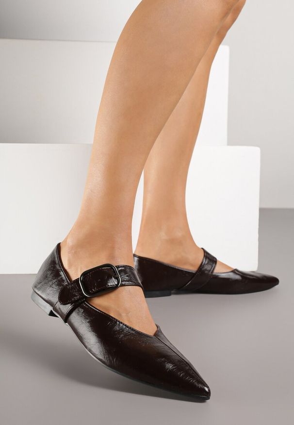 Renee - Ciemnobrązowe Balerinki w Stylu Mary Jane ze Szpiczastym Noskiem Nalivira. Okazja: na co dzień. Nosek buta: szpiczasty. Kolor: brązowy. Materiał: jeans. Styl: casual