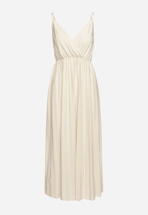 Born2be - Jasnobeżowa Rozkloszowana Sukienka Długa z Kopertowym Dekoltem na Ramiączkach Asmerria. Kolor: beżowy. Długość rękawa: na ramiączkach. Typ sukienki: kopertowe. Styl: elegancki. Długość: maxi