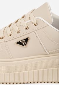 Renee - Beżowe Chunky Sneakersy z Trójkątną Aplikacją VICES na Platformie Cezaline. Kolor: beżowy. Materiał: jeans. Wzór: aplikacja. Obcas: na platformie #6