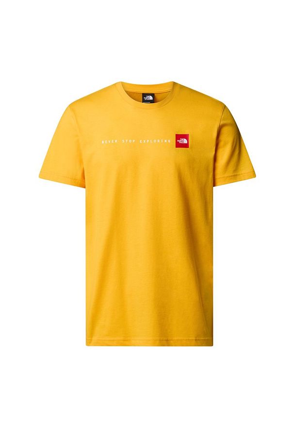 Koszulka męska The North Face Never Stop Exploring 0A87NS56P1 - żółta. Kolor: żółty. Materiał: bawełna. Długość rękawa: krótki rękaw. Długość: krótkie. Wzór: nadruk