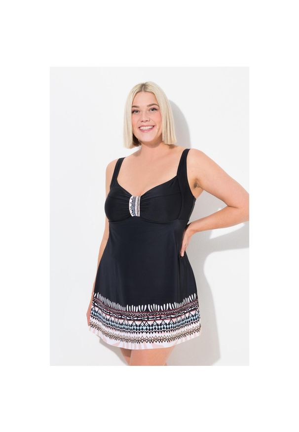 ULLA POPKEN - Damska Sukienka Kąpielowa obszycie z safari miękkie miseczki. Kolekcja: plus size. Kolor: czarny. Materiał: poliester, elastan, poliamid, materiał