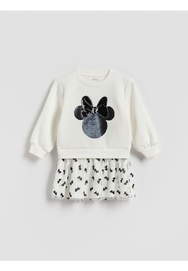 Reserved - Sukienka Minnie Mouse - złamana biel. Materiał: dzianina, bawełna. Wzór: motyw z bajki