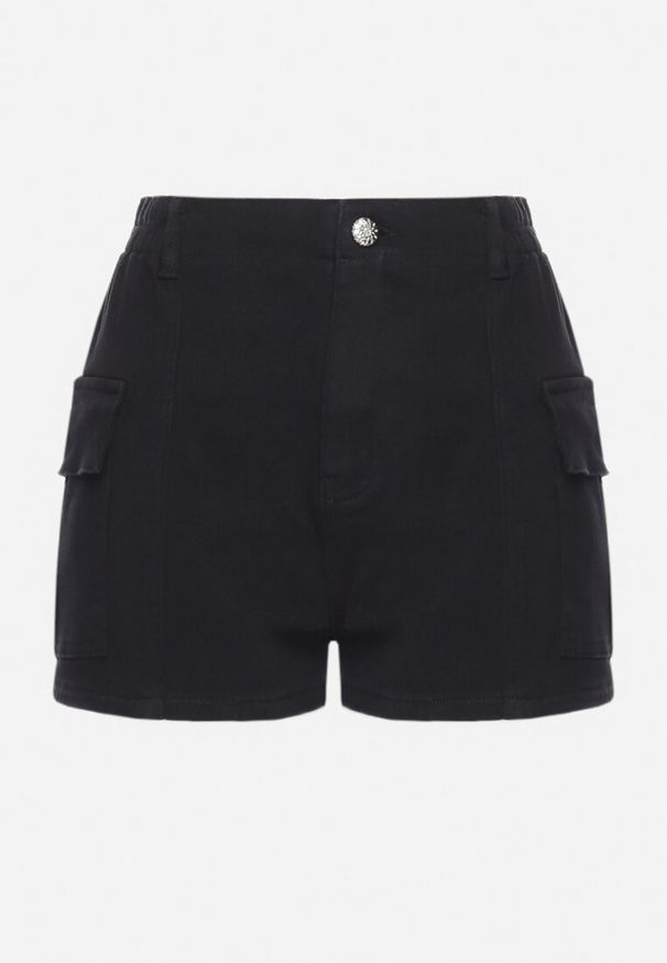 Born2be - Czarne Bawełniane Szorty z Gumką w Pasie i Kieszeniami z Klapą Wiavara. Okazja: na co dzień. Kolor: czarny. Materiał: bawełna. Styl: casual, elegancki