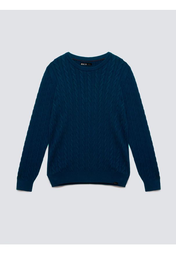 Big-Star - Sweter męski ze splotem warkoczowym granatowy Amaris 403. Kolor: niebieski. Materiał: materiał, dzianina, jeans, bawełna. Wzór: ze splotem. Styl: elegancki, klasyczny