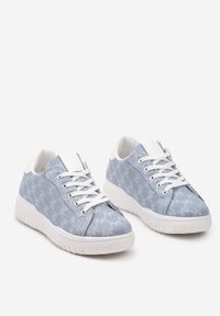 Born2be - Niebieskie Płaskie Sznurowane Sneakersy z Wzorem Imitującym Napis Miremia. Okazja: na co dzień. Nosek buta: okrągły. Zapięcie: sznurówki. Kolor: niebieski. Materiał: jeans. Wzór: napisy. Obcas: na płaskiej podeszwie #5