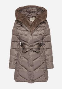 Born2be - Szara Pikowana Kurtka z Wiązanym Paskiem i Kapturem z Futerkiem Fenama. Okazja: na spacer, na co dzień. Kolor: szary. Materiał: futro. Styl: casual, elegancki #5