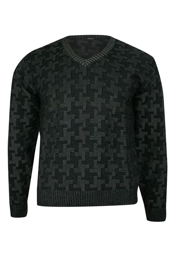 Max Sheldon - Sweter Czarny w Serek, Wzór Geometryczny, Dekolt V-neck, Elegancki -MAX SHELDON- Męski. Typ kołnierza: dekolt w serek. Kolor: czarny. Materiał: akryl, bawełna. Wzór: geometria. Sezon: jesień, zima. Styl: elegancki
