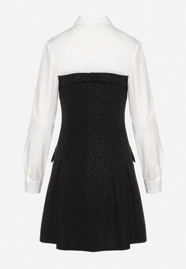 Born2be - Czarna Elegancka Sukienka o Koszulowym Kroju z Krawatem Imitacją Kieszeni i Brokatem Enarin. Okazja: do pracy. Kolor: czarny. Materiał: skóra. Wzór: aplikacja. Typ sukienki: koszulowe. Styl: elegancki