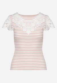 Born2be - Różowo-Biały Bawełniany T-shirt z Prążkowanego Materiału z Koronkowym Dekoltem i Rękawkami Hyacintia. Kolor: różowy. Materiał: materiał, bawełna, prążkowany, koronka. Długość rękawa: krótki rękaw. Sezon: lato #6