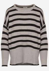 Born2be - Czarno-Szary Sweter o Kroju Oversize z Motywem Pasków Irtusa. Okazja: na co dzień. Kolor: czarny. Materiał: jeans. Styl: casual #7