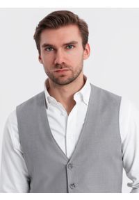 Ombre Clothing - Dopasowana męska kamizelka z rayonem i marmurkowymi guzikami – szara V3. Kolor: szary. Materiał: tkanina, poliester. Wzór: gładki, jednolity. Styl: elegancki #6