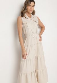 Born2be - Beżowa Koszulowa Sukienka Ozdobiona Paskiem Mavorelle. Okazja: na co dzień. Kolor: beżowy. Wzór: aplikacja. Typ sukienki: koszulowe. Styl: elegancki, casual #3