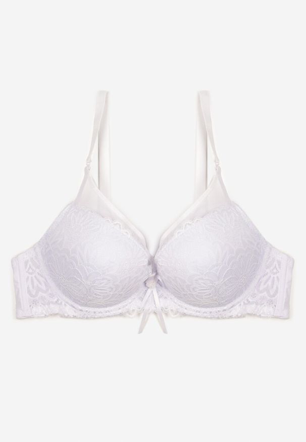 Born2be - Biały Biustonosz Ozdobiony Koronką i Kokardą Ronavia. Kolor: biały. Materiał: koronka. Rodzaj stanika: odpinane ramiączka. Wzór: koronka, aplikacja