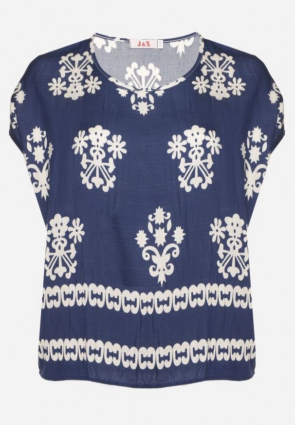 Born2be - Niebieska Bluzka z Wiskozy we Wzór w Stylu Boho Lunaseia. Okazja: na co dzień. Kolor: niebieski. Materiał: wiskoza. Styl: boho