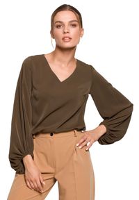 MOE - Ekskluzywna Bluzka z Bufiastym Rękawem - Khaki. Kolor: brązowy. Materiał: poliester, elastan