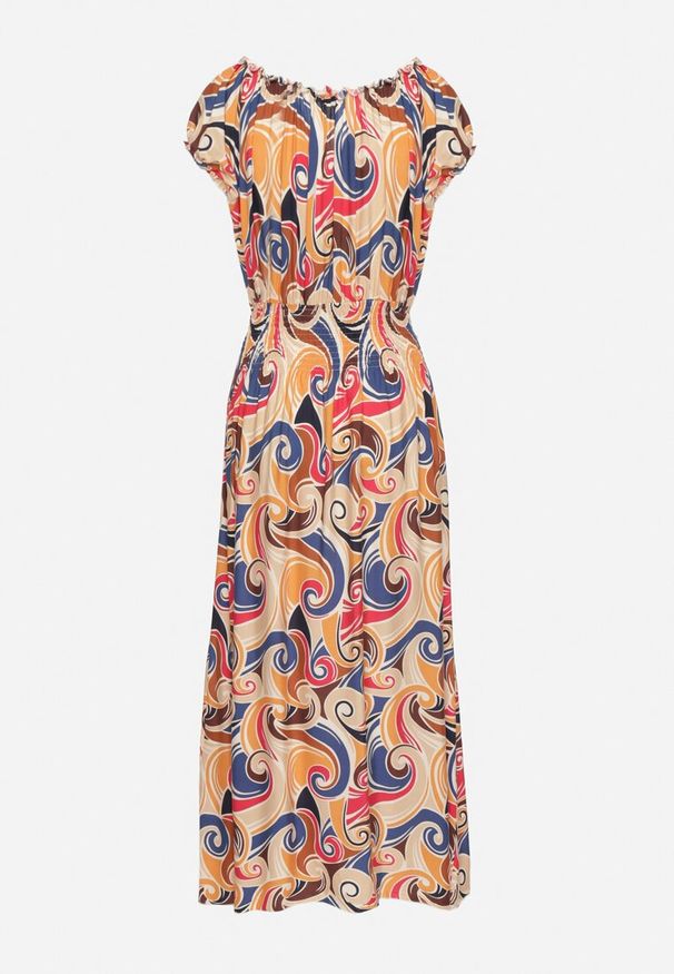 Born2be - Pomarańczowa Bawełniana Sukienka z Abstrakcyjnym Wzorem i Gumką w Pasie Orralisa. Okazja: na co dzień. Kolor: pomarańczowy. Materiał: bawełna. Typ sukienki: proste, rozkloszowane. Styl: elegancki, casual, klasyczny