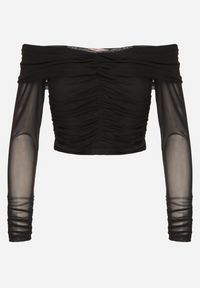 Born2be - Czarna Siateczkowa Bluzka VICES z Odkrytymi Ramionami Ozdobiona Marszczeniem Tuvita. Okazja: na co dzień. Kolor: czarny. Materiał: jeans. Wzór: aplikacja. Styl: casual #7
