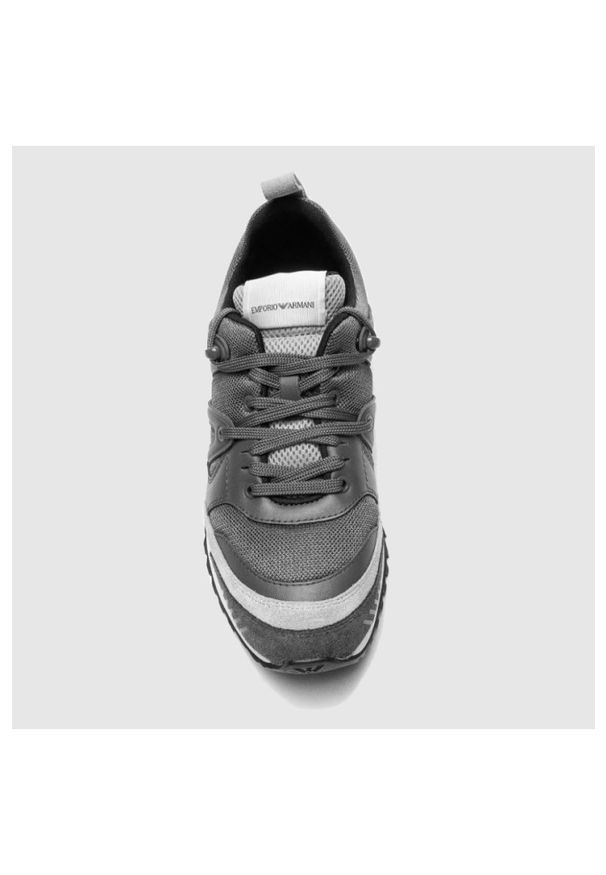 Emporio Armani - EMPORIO ARMANI Szara sneakersy męskie. Zapięcie: pasek. Kolor: szary. Materiał: zamsz, materiał, skóra. Szerokość cholewki: normalna. Wzór: paski