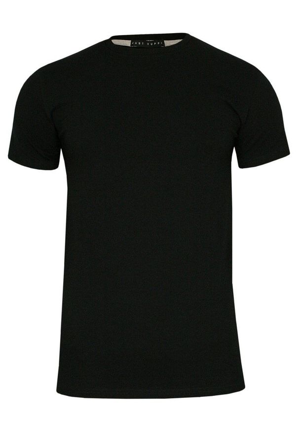 Czarny T-shirt Męski, Krótki Rękaw -Just Yuppi- Koszulka, BASIC, Jednokolorowa, U-Neck. Okazja: na co dzień. Kolor: czarny. Materiał: elastan, bawełna. Długość rękawa: krótki rękaw. Długość: krótkie. Styl: casual