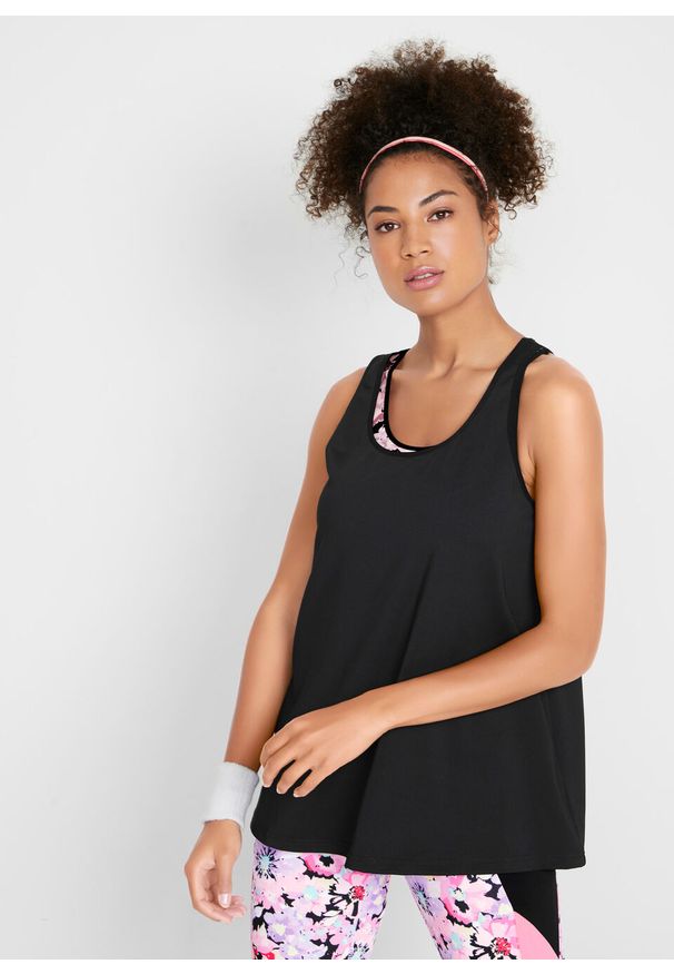 Top sportowy z biustonoszem bustier bonprix czarny z nadrukiem. Kolor: czarny. Wzór: nadruk. Styl: sportowy