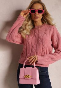 Renee - Ciemnoróżowy Klasyczny Sweter w Ozdobny Splot Olgame. Kolor: różowy. Materiał: tkanina, dzianina. Wzór: ze splotem. Styl: klasyczny #5