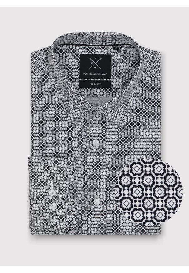 Pako Lorente - PAKO LORENTE – Ciemna koszula męska w geometryczny wzór. Materiał: bawełna, elastan. Długość rękawa: długi rękaw. Długość: długie. Wzór: geometria