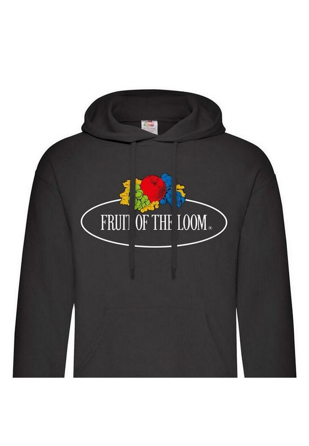 FRUIT OF THE LOOM - Damska Bluza Z Kapturem Z Nadrukiem Klasycznego Logo W Stylu Vintage. Typ kołnierza: kaptur. Kolor: czarny. Wzór: nadruk