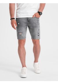 Ombre Clothing - Męskie krótkie spodenki jeansowe z dziurami – szare V2 OM-SRDS-0146 - XL. Okazja: na co dzień. Kolor: szary. Materiał: jeans. Długość: krótkie. Wzór: aplikacja. Styl: klasyczny, casual #3