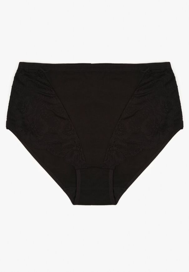 Renee - Czarne Majtki Figi z Bawełny Zdobione Koronką Idiara. Kolekcja: plus size. Kolor: czarny. Materiał: koronka, bawełna. Wzór: koronka, aplikacja