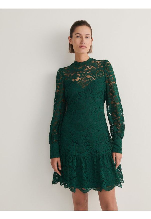 Reserved - Koronkowa sukienka mini - morski. Kolor: morski. Materiał: koronka. Długość: mini