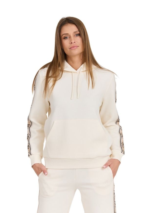 Guess - GUESS Beżowa damska bluza Carla Hooded. Kolor: beżowy. Materiał: bawełna, poliester, materiał