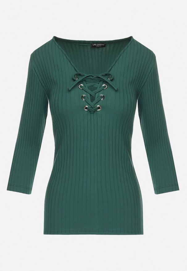 Born2be - Zielona Bawełniana Bluzka w Prążki z Gorsetowym Wiązaniem Przy Dekolcie Jarelis. Typ kołnierza: dekolt gorset. Kolor: zielony. Materiał: bawełna. Wzór: prążki