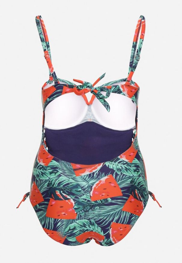 Born2be - Granatowo-Czerwony Strój Kąpielowy z Motywem Liści i Wiązaniem Nevalitfe. Kolor: niebieski