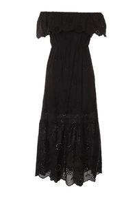Born2be - Czarna Sukienka Pisiliphis. Kolor: czarny. Materiał: bawełna. Wzór: kwiaty, aplikacja, haft. Typ sukienki: rozkloszowane. Długość: midi