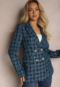 Renee - Niebieska Tweedowa Marynarka Dwurzędowa Zapinana na Biżuteryjne Guziki Nallet. Kolor: niebieski. Materiał: materiał. Styl: retro, elegancki