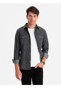 Ombre Clothing - Koszula męska jeansowa na zatrzaski z kieszonkami - czarna V3 - Rozmiar: S. Kolor: czarny. Materiał: jeans