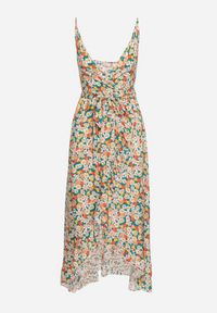 Born2be - Zielono-Pomarańczowa Bawełniana Sukienka na Ramiączkach z Kopertowym Dekoltem i Asymetrycznym Rozcięciem Xiloa. Okazja: na co dzień. Typ kołnierza: dekolt kopertowy. Kolor: zielony. Materiał: bawełna. Długość rękawa: na ramiączkach. Wzór: aplikacja. Typ sukienki: kopertowe, asymetryczne. Styl: casual #3