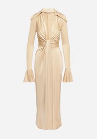 Born2be - Beżowa Koktajlowa Sukienka z Usztywnioną Linią Ramion i Rozkloszowanymi Rękawami Semirienne. Kolor: beżowy. Wzór: aplikacja. Styl: wizytowy #7