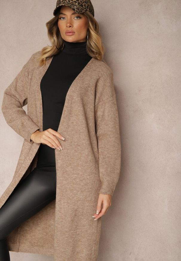 Renee - Beżowy Niezapinany Casualowy Kardigan z Wełną o Długim Kroju Zozita. Okazja: na co dzień. Kolor: beżowy. Materiał: wełna. Długość: długie. Styl: casual