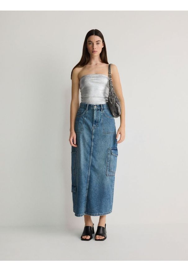 Reserved - Jeansowa spódnica cargo - turkusowy. Kolor: turkusowy. Materiał: jeans