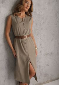 Renee - Zielona Pudełkowa Sukienka z Wiskozą Bawełną Guzikami i Paskiem Magmaris. Okazja: na co dzień, do pracy. Kolor: zielony. Materiał: wiskoza, bawełna. Sezon: wiosna, lato. Styl: casual, elegancki #1