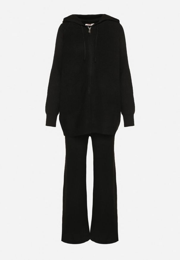 Born2be - Czarny Komplet Dzianinowy z Wełną Bluza z Kapturem i Szerokie Spodnie Otisela. Kolor: czarny. Materiał: dzianina, wełna. Sport: turystyka piesza