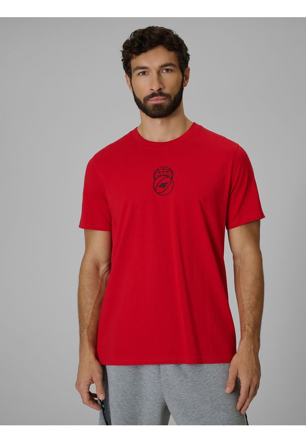 4f - 4F T-shirt regular z nadrukiem męski - czerwony M. Okazja: na co dzień. Kolor: czerwony. Materiał: dzianina, bawełna, materiał. Wzór: nadruk. Styl: casual, klasyczny