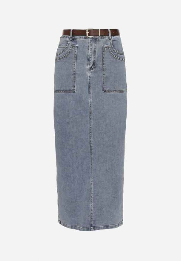 Born2be - Niebieska Spódnica Jeansowa o Ołówkowym Kroju z Dodatkowym Paskiem Inelira. Okazja: na co dzień. Kolor: niebieski. Materiał: jeans. Styl: casual