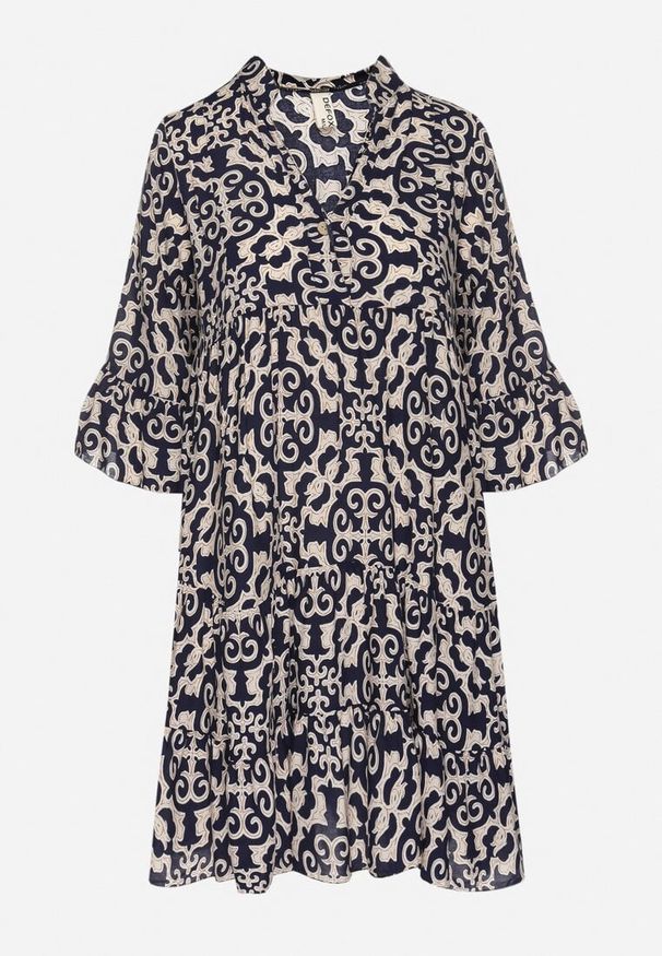 Born2be - Granatowa Sukienka Rozkloszowana z Bawełny w Etniczny Wzór Zalista. Okazja: na co dzień. Kolor: niebieski. Materiał: bawełna. Typ sukienki: rozkloszowane. Styl: casual, boho