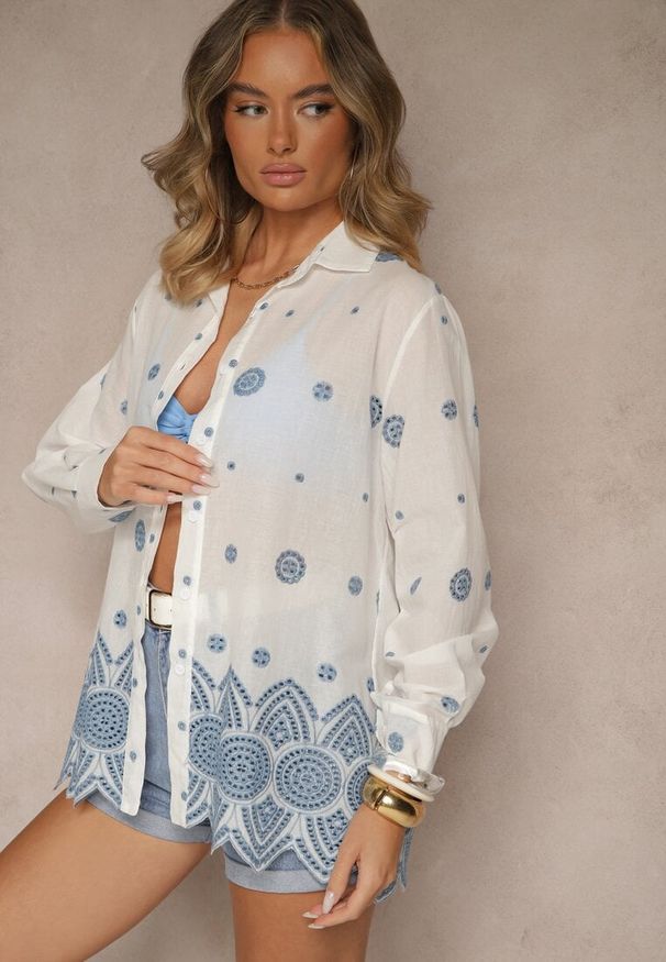 Renee - Biała Koszula z Bawełny z Haftowanym Zdobieniem Izolia. Okazja: na spotkanie biznesowe, na co dzień. Kolor: biały. Materiał: bawełna. Długość rękawa: długi rękaw. Długość: długie. Wzór: aplikacja, haft. Styl: elegancki, casual, klasyczny, biznesowy