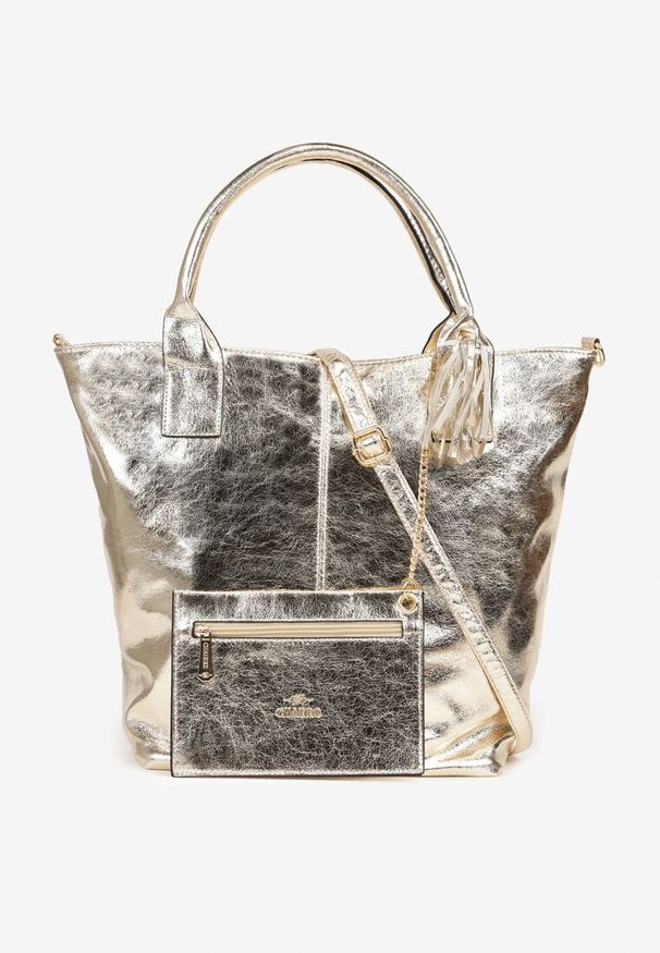 Born2be - Złota Torebka Typu Shopper z Bawełną i Połyskiem Acreddia. Kolor: złoty. Styl: elegancki, casual