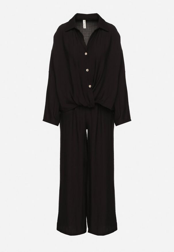 Born2be - Czarny Wiskozowy Komplet Oversize Koszula i Spodnie z Gumką w Talii Natilira. Kolor: czarny. Materiał: wiskoza