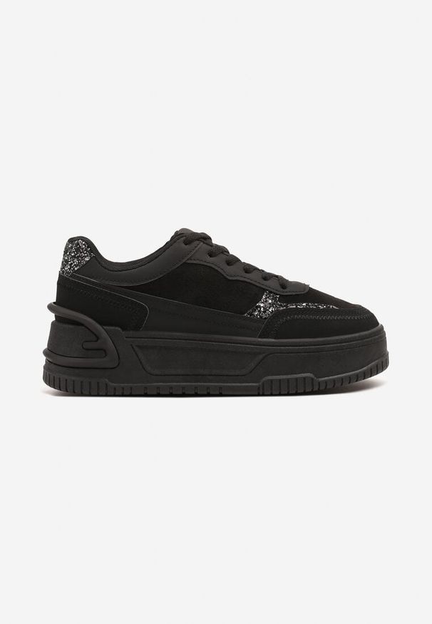 Born2be - Czarne Sneakersy na Grubej Platformie z Tłoczeniem Ozdobione Wzorem w Panterkę Deolithra. Okazja: na co dzień. Kolor: czarny. Materiał: jeans. Wzór: aplikacja, motyw zwierzęcy. Sezon: lato, wiosna. Obcas: na platformie